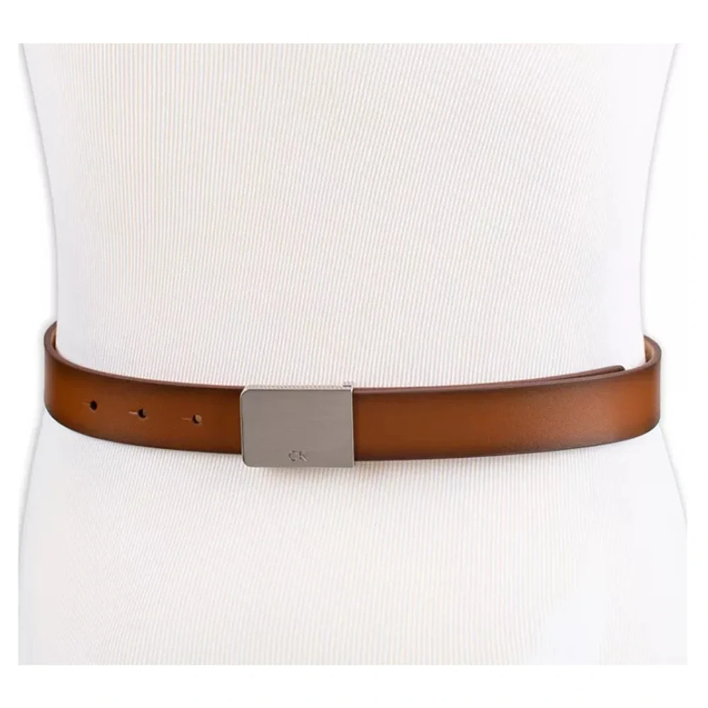 Calvin Klein Men's Logo Plaque Belt - XL 42 / 44 - Cognac Brown Leather - NWT